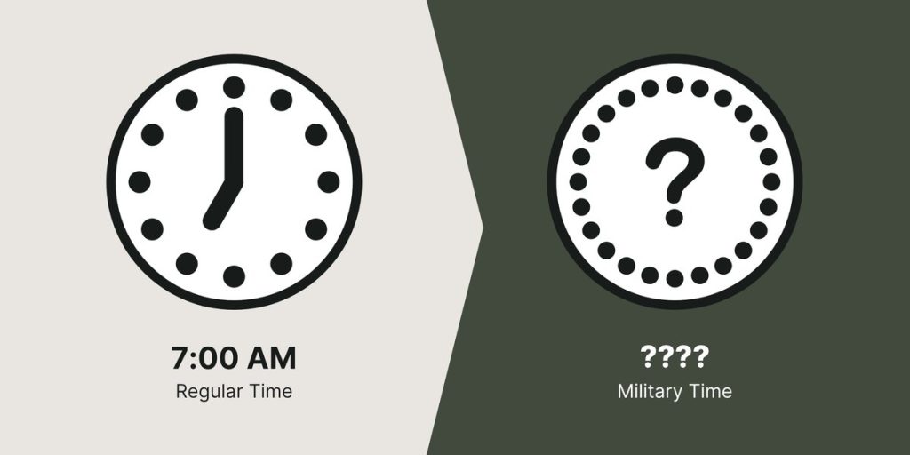 7:00 AM represented on a regular clock and an unknown time on the military clock