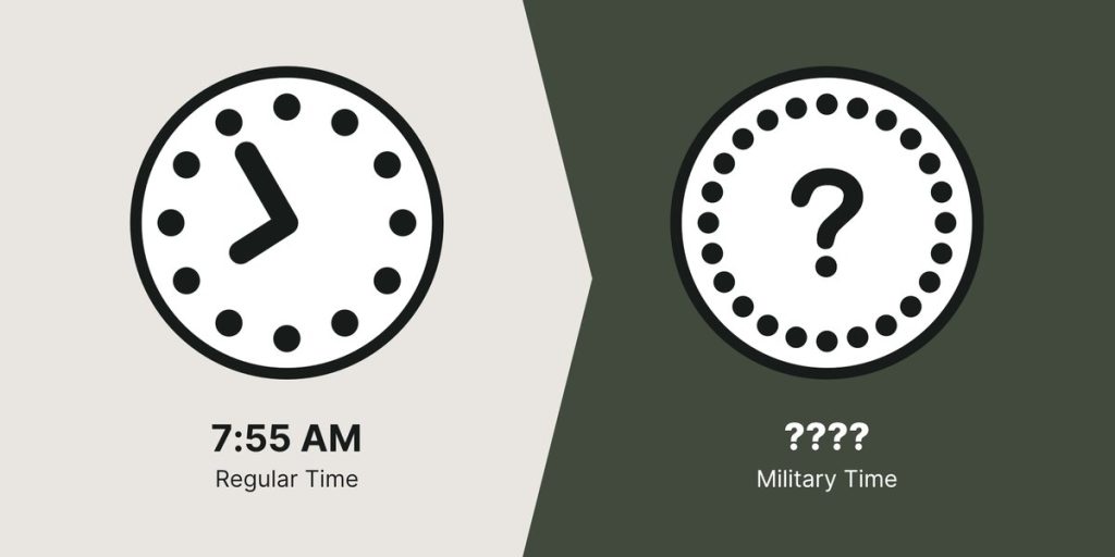 7:55 AM represented on a regular clock and an unknown time on the military clock