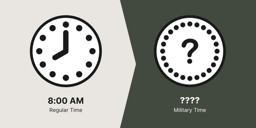 8:00 AM represented on a regular clock and an unknown time on the military clock